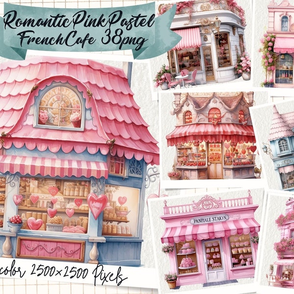 Romantic Pink Pastel French Cafe Watercolor, Pink coffee shop clipart, Paris cafe clipart, scrapbooking romantic french, cafe illustration