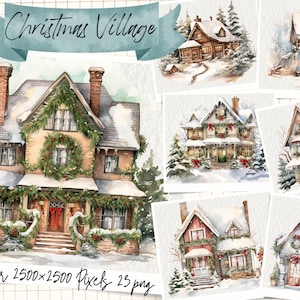 Village watercolor Clipart, Winter Christmas Village Winter Scene Clipart, Cozy Winter Clipart For Commercial Use, Classic Christmas Clipart