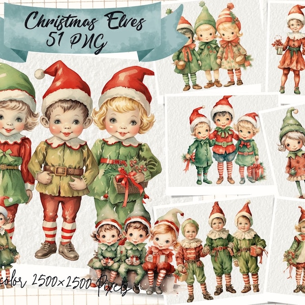 Vintage Christmas Elves 1920 Watercolor Clipart, Digital Download, Vintage Christmas Elf, Santa Gingerbread Elf Clipart, Elves Clipart