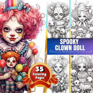 Gruselige Clowns Puppen Malbuch, druckbare PDF-Datei, Horror Gothic Clown Cuties Malseiten, Graustufen Malbuch für Erwachsene und Kinder