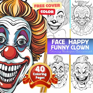 Gesicht Fröhlichen Lustiger Clown Malvorlagen, Gruselige Böse Clowns Malbuch, Printable PDF, Horror Gothic Zirkus Clown Malseiten, Graustufen