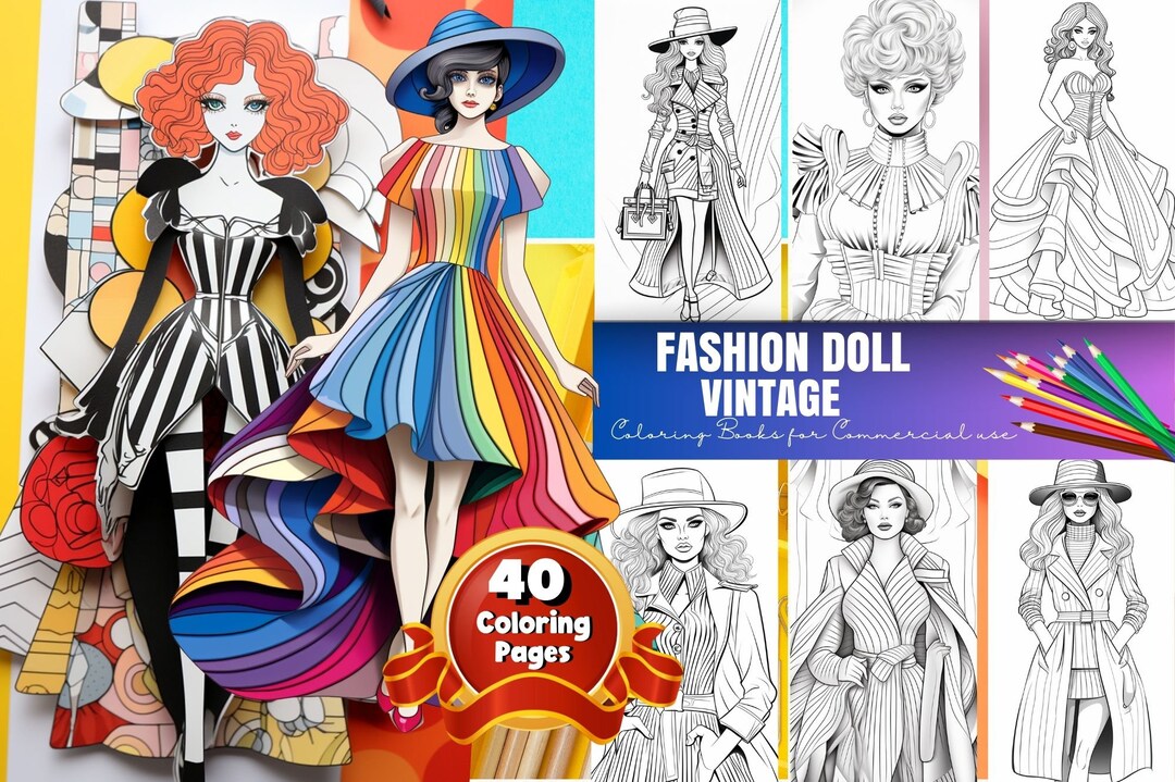 Fashion Doll Vintage Coloring Page, Fashionable Women's Outfits Coloring Book, Vintage Fashion ...