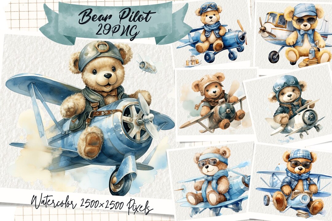 Bear Pilot Watercolor Clipart, Sweet Baby Boy, Blue Teddy Bear Clipart ...