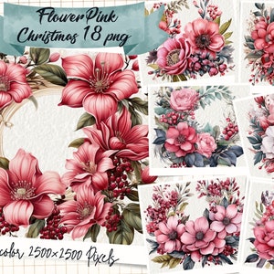 Clipart de aquarela de flores de Natal, buquês de Natal, feliz Natal, download digital, confecção de cartões, artesanato em papel digital, Natal