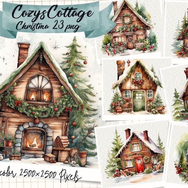 Cosy Christmas Cottage Watercolor Clipart, Winter Village Clipart, Christmas Landscape PNG, Xmas Village House Image, Christmas Sublimation