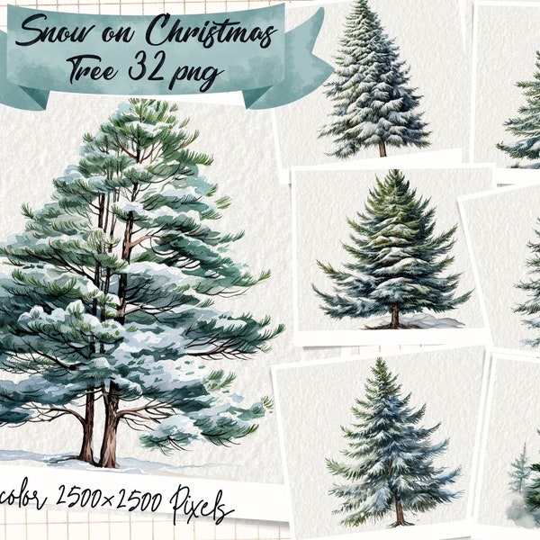 Snow on Christmas Tree Watercolor, Christmas Tree Watercolor Clipart, Pine Tree, Christmas Tree clipart, Snow forest clipart, Winter Clipart