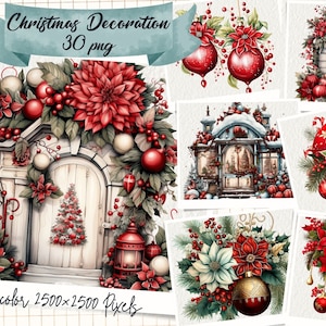 Christmas Decoration Watercolor Clipart, Christmas Clipart, Xmas Decor, Card Making, Ornaments, Christmas Junk Journal Kit, Scrapbooking