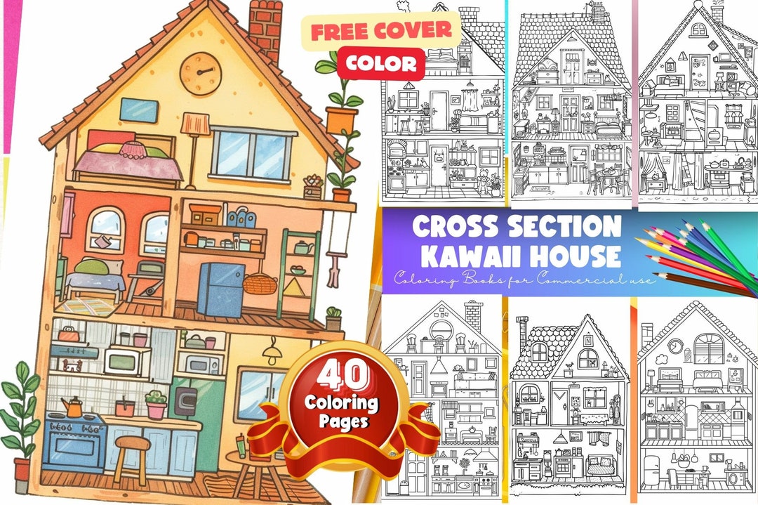 Kawaii Home Cross Section Coloring Book, Interior Design Coloring Book ...