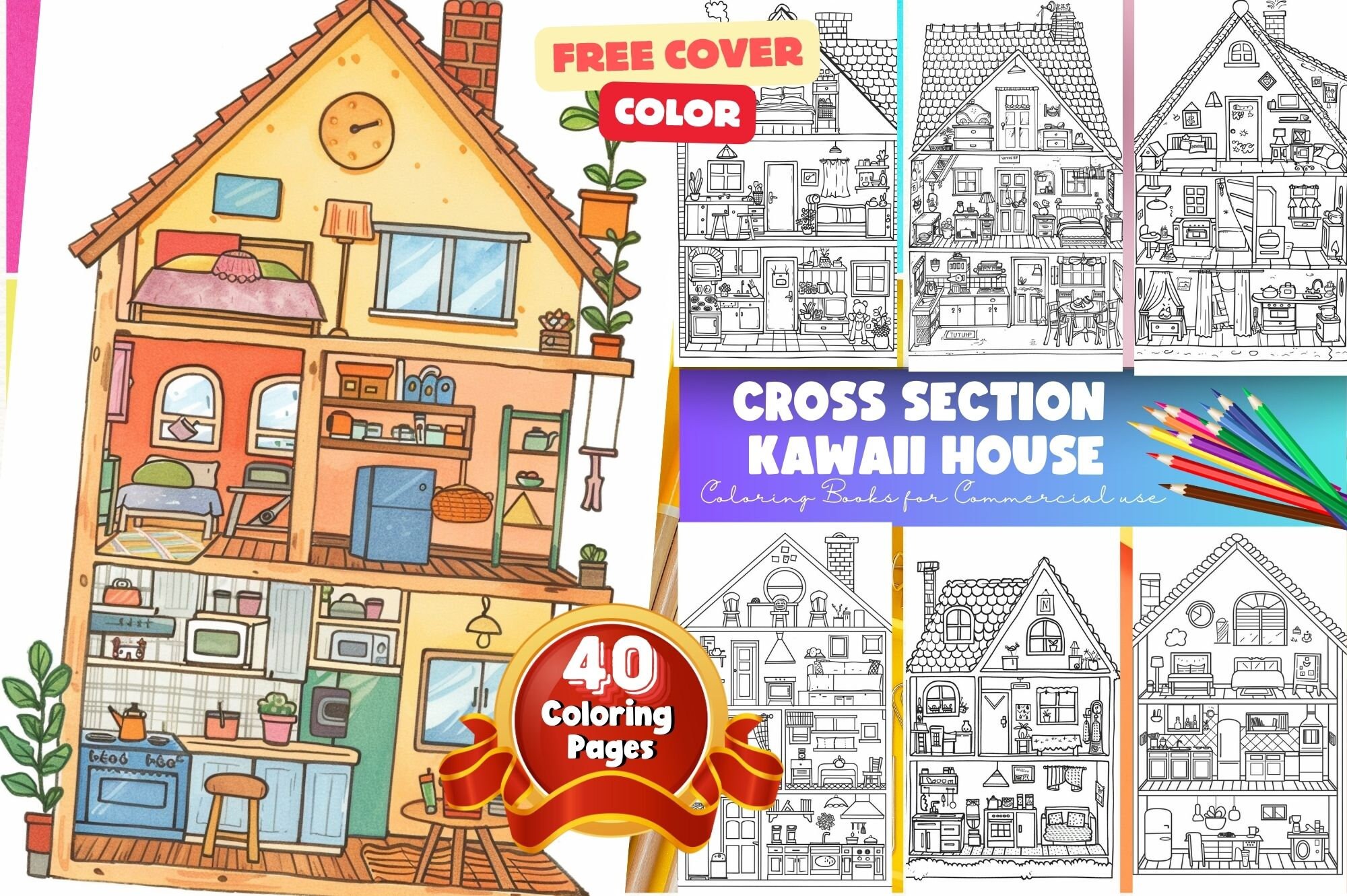Kawaii Home Cross Section Coloring Book, Interior Design Coloring Book ...