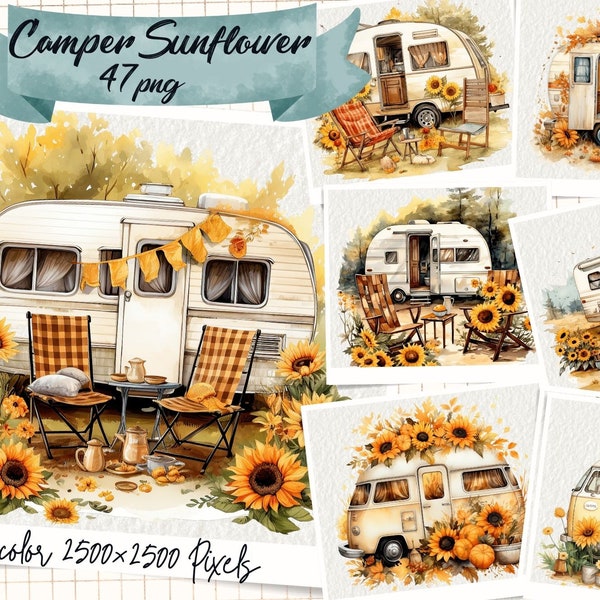 Camper Sunflower Clipart, Retro Sunflowers Camping Trailer, Camper Fall Watercolor, Campers Vintage, Instant Digital Download,Commercial Use