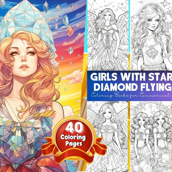 Girls with Star Diamond Flying Coloring Page, Bohemian Girls coloring, Cute Girl in Evening Dress Coloring Book, Adorable and Beautiful Girl