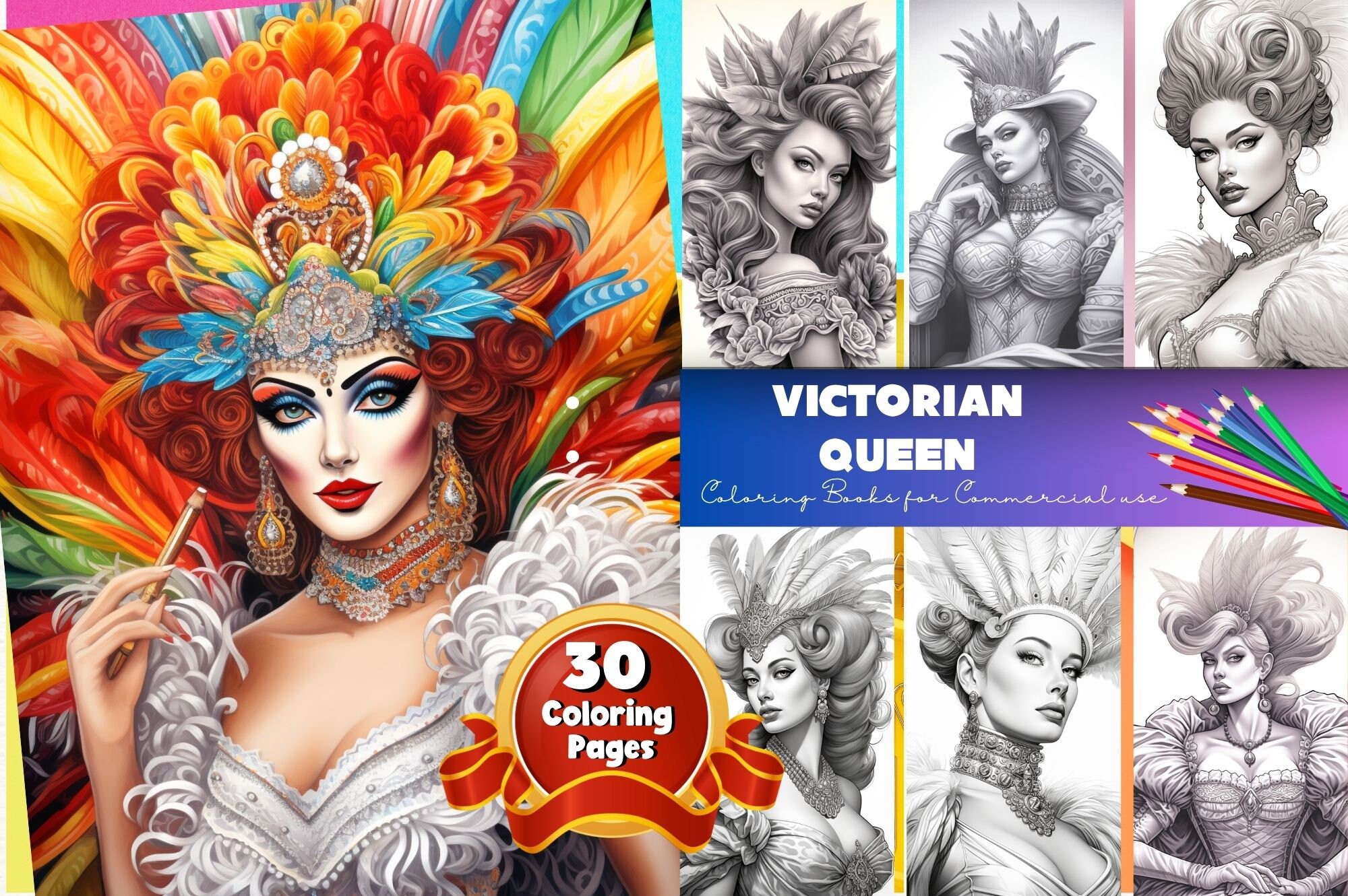 Victorian Queen Beautiful Women Coloring Book, Adults + kids- Instant Download Grayscale Coloring Page, Printable PDF, glowing women beauty