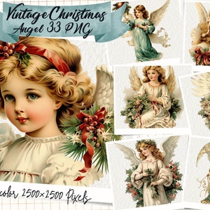 Retro Christmas Angel Clipart, Christmas Vintage Xmas Clipart, Holiday Season Illustrations, Christmas Eve, Presents, PNG Bundle, Commercial