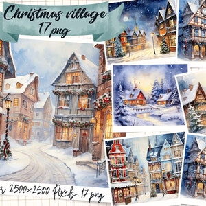 Christmas Village Watercolor Clipart, Christmas clipart, JPGs, Digital crafting, Paper crafts, Cute clipart,Instant download, Commercial Use
