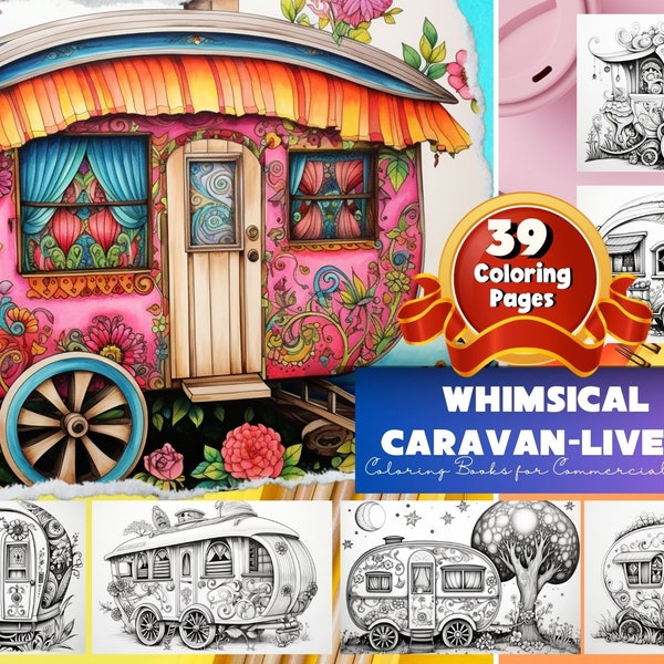 Whimsical Caravan-Lively Coloring Pages, Gypsy Caravan Coloring  - Adult And Kids Coloring Book, Greyscale, Digital Printable PDF File.