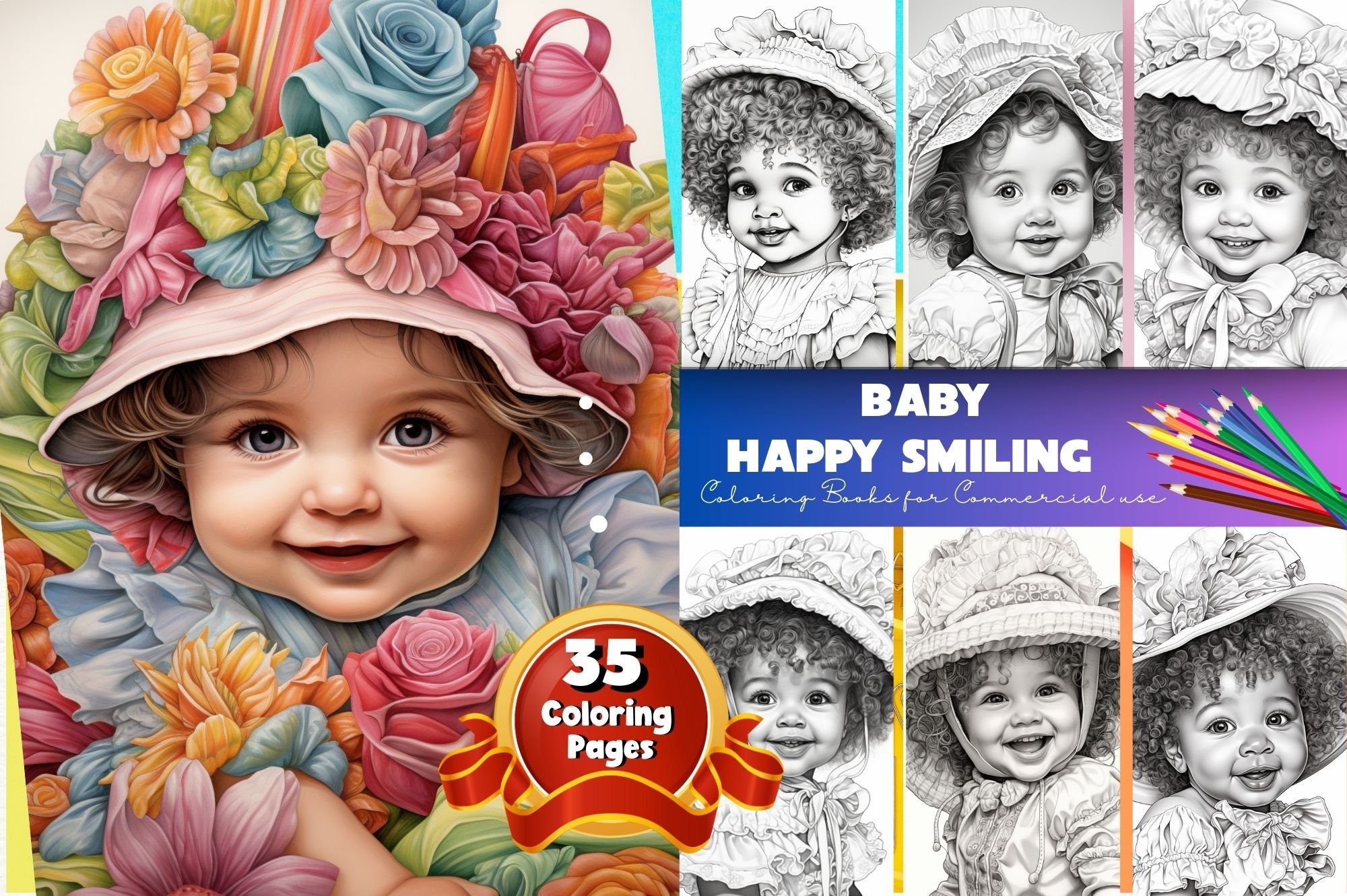 Baby Happy Smiling Coloring Page, Adorable Faces Coloring Book, Cute