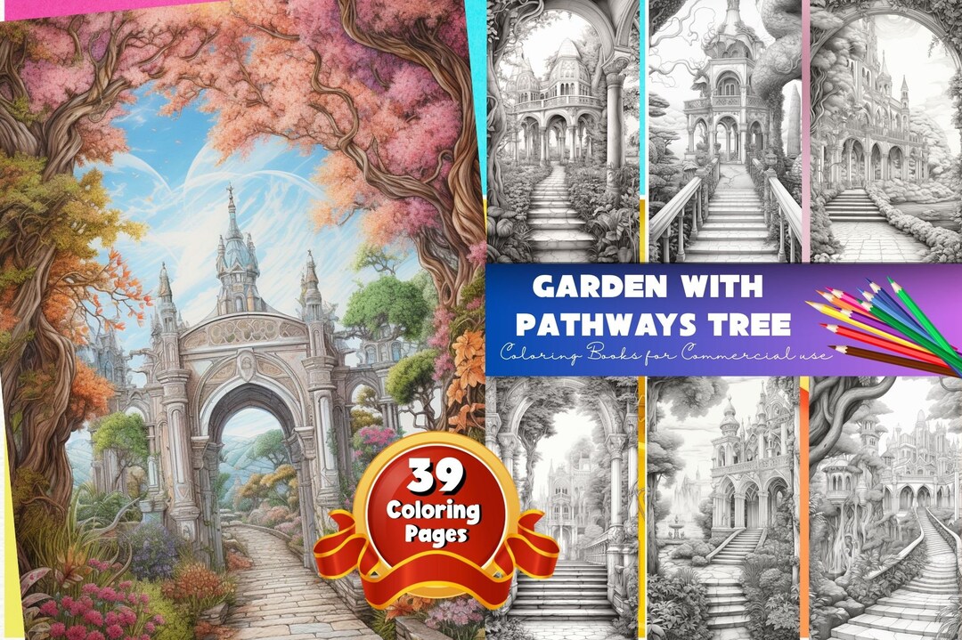 Garden Pathways and Tree Coloring Pages, Secret Garden Coloring