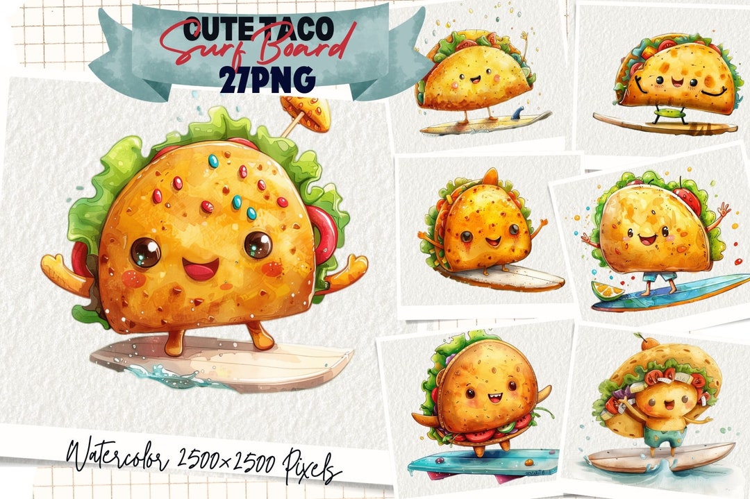 Surfboard Taco Kawaii Clipart Bundle, Cute Taco Clipart, Cute PNG Taco ...