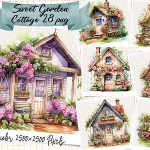 Sweet Garden Cottage Watercolor Clipart, Vintage Cottage Clipart, Vintage Cottage Bundle, Card and Journal Making, Scrapbooking, Commercial