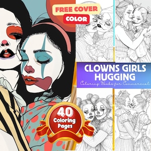 Clowns Mädchen umarmt Malseiten, kleine gruselige Clowns Malbuch, Printable PDF, Horror Gothic Clown Cuties Färbung, Erwachsene und Kinder