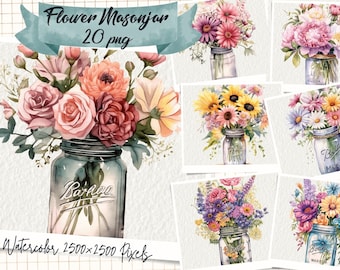 Flowers in a jar Watercolor clipart, Flower bouquet png, Digital Download, Commercial, Mixed Media, Digital Paper Craft, Watercolor clipart