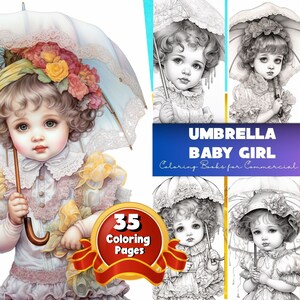 傘の赤ちゃんの女の子の塗り絵、傘の印刷可能な塗り絵、傘の下の女の子の塗り絵、雨の塗り絵、秋の塗り絵