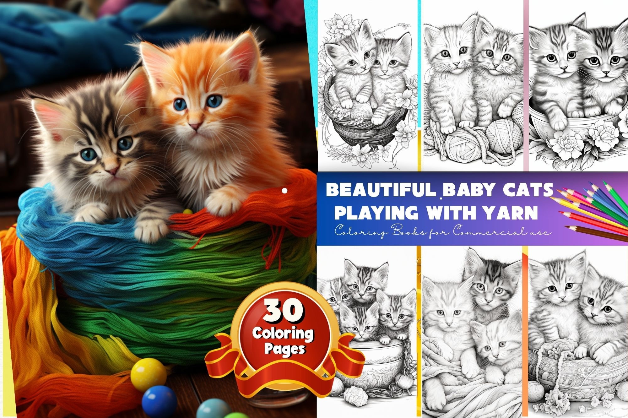 Beautiful Baby Cats Playing With Yarn Coloring Pages Cute - Etsy