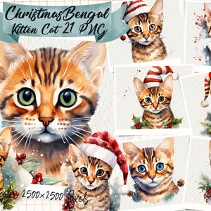 Bengal Katze mit Nikolausmütze Clipart, Weihnachtskätzchen, Kätzchen Katzenrasse Aquarell, Scrapbook Junk Journal, gewerbliche Lizenz basteln