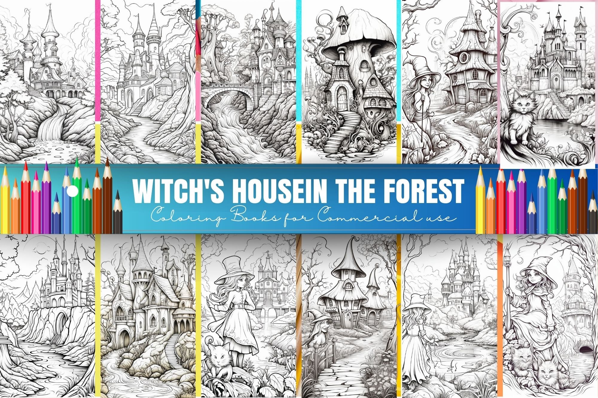 Witch House in the Forest Coloring Pages Fantasy Witch House - Etsy