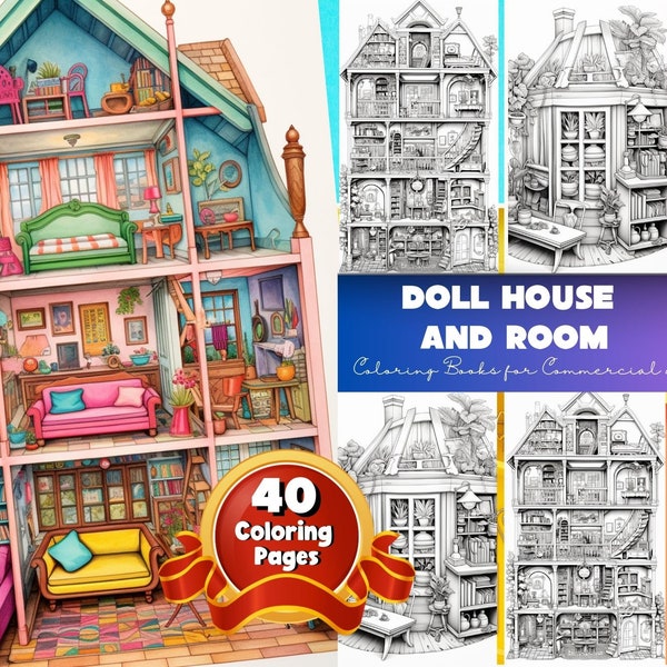 Dollhouses Coloring Pages, Fantasy Dream House Coloring, Building coloring, Dollhouse Coloring, Haunted House, Instant Download