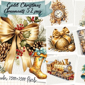 Gold Christmas Ornaments Clipart, Watercolor Christmas Ornament PNG, Christmas Clipart, Christmas Decoration Clipart, Winter Holiday clipart