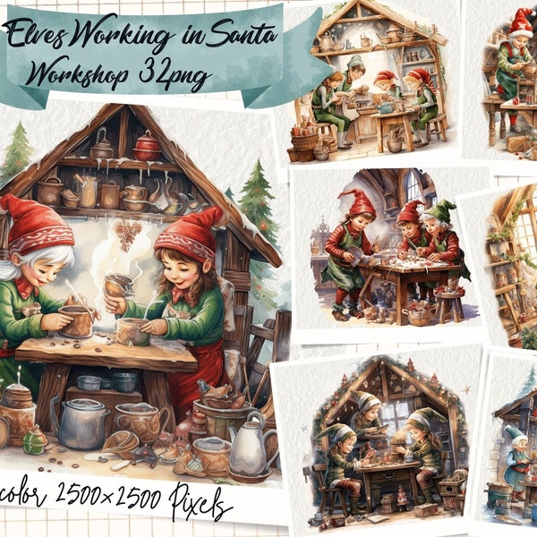 Elves Working in Santa Workshop, Christmas Clipart Elf Workshop, Santa's Little Helpers Making Presents, festive holiday, grotto graphic