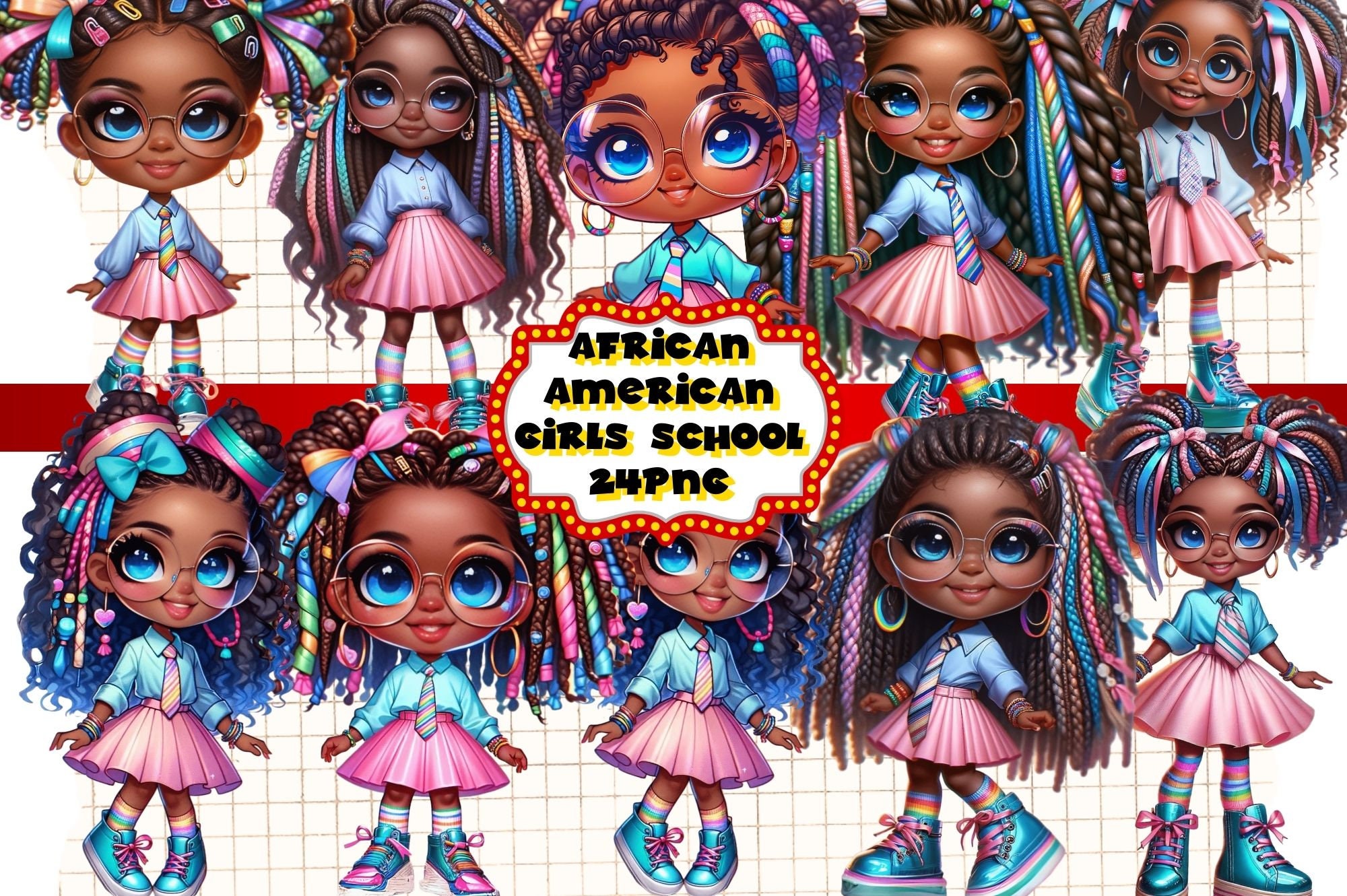 Back to School African American Black Chibi Girls Clipart, Girls African American, Back to School PNG, Transparent Background, Essential