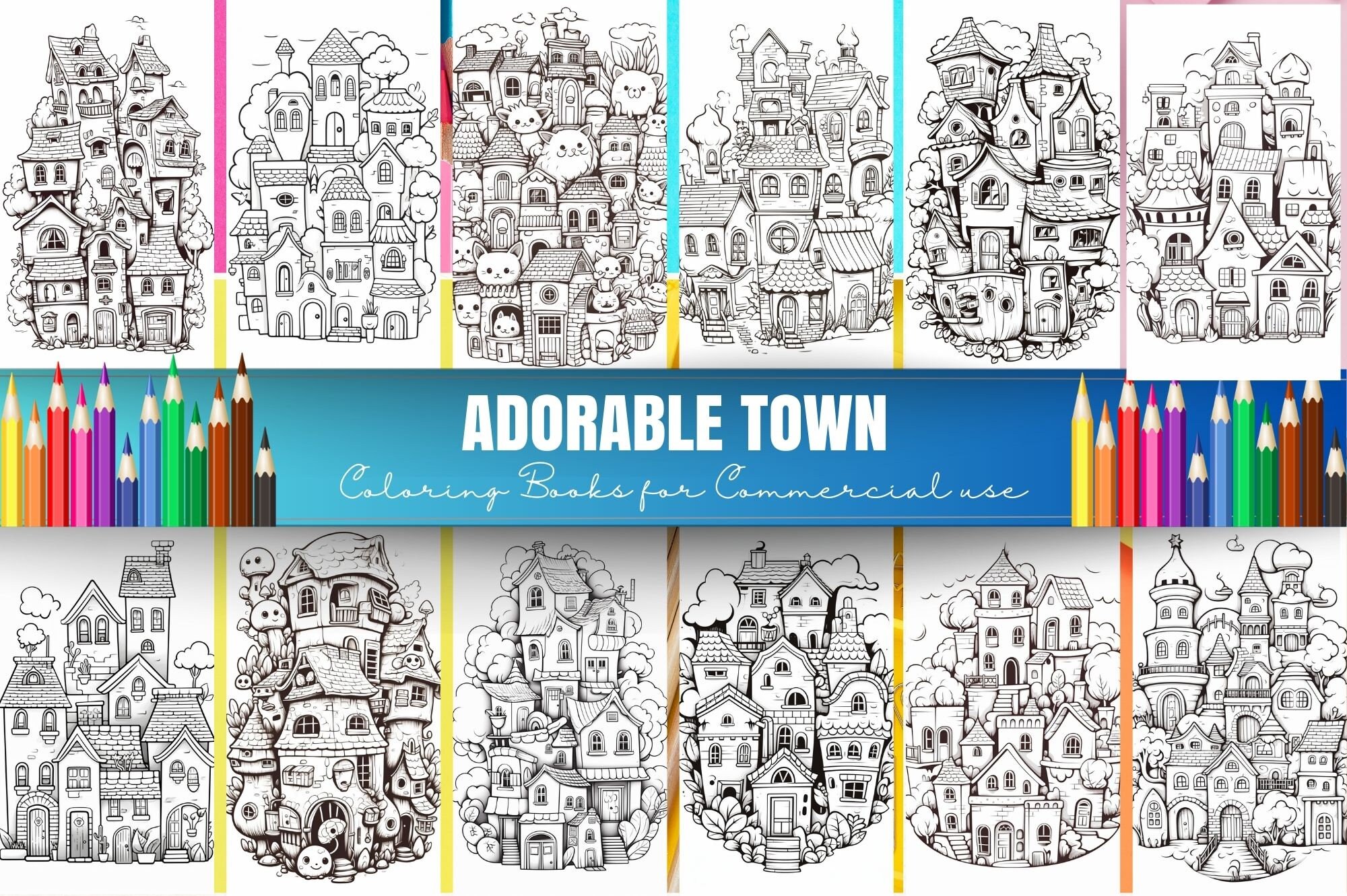 Adorable Town Coloring Pages Tiny Towns Buildings - Etsy