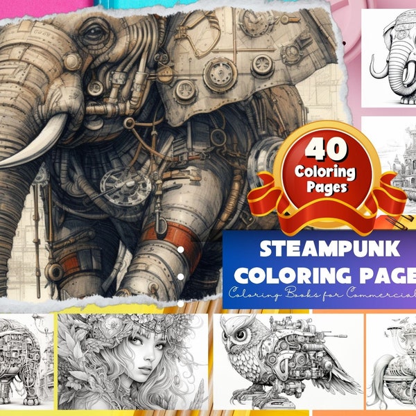 Steampunk Coloring Pages, animals, trains, woman, ship, Gothic Steampunk, Grayscale Steampunk Coloring Book,Instant Download