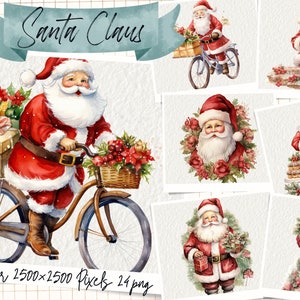Santa Claus Watercolor Clipart, Christmas Watercolor Clip art Bundle, Winter Holiday graphic png, Xmas Noel Sublimation, Free Commercial Use