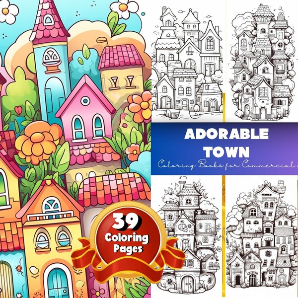 Adorable Town Coloring Pages, Tiny Towns, Buildings, Architecture, Skyscraper, Beautiful Clothes, Adults Kids Teens,Adorable Little Town