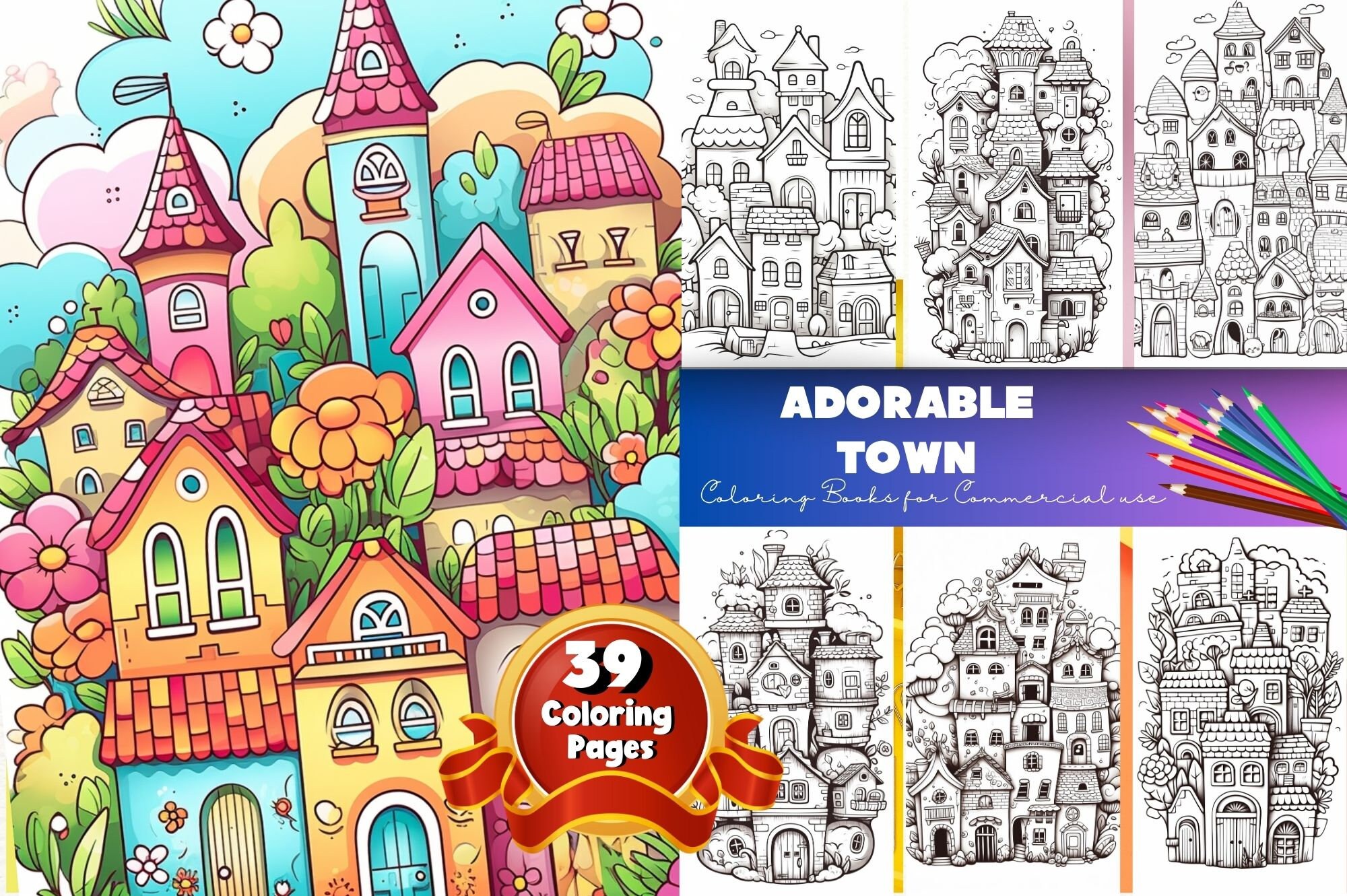 Adorable Town Coloring Pages Tiny Towns Buildings - Etsy