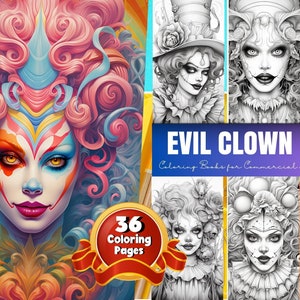 Mädchen Clown böse Clowns Malseiten, Erwachsene druckbare Graustufen Färbung, Malseiten für Erwachsene, gruselige Clowns, digitale Malbuch