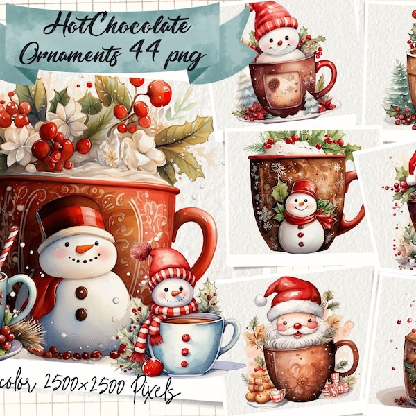 Watercolor Hot Chocolate Clipart, Hot Cocoa Clipart, Hot Chocolate Clipart, Food Clipart Bundle, Christmas drink, hot cocoa drink