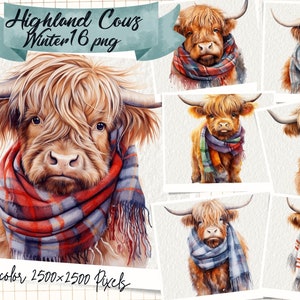 Highland cow clipart png, Nursery Print, Highland cow winter png clipart, watercolor clipart png, watercolor snow clipart, highland cow