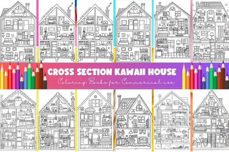 Kawaii Home Cross Section Coloring Book, Interior Design Coloring Book