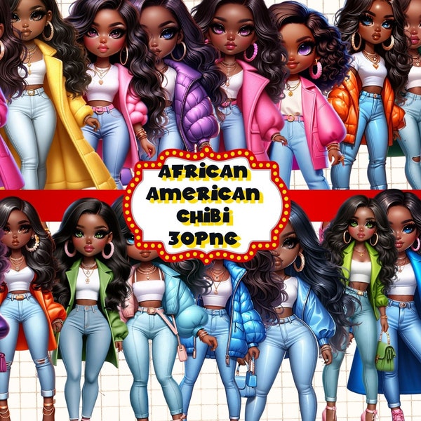 Chibi African American Dolls Clipart,Black Girls, Lady Boss Clipart, Boss Girl, Fashion Girl Clipart, Black Girl Doll PNG, Digital Download