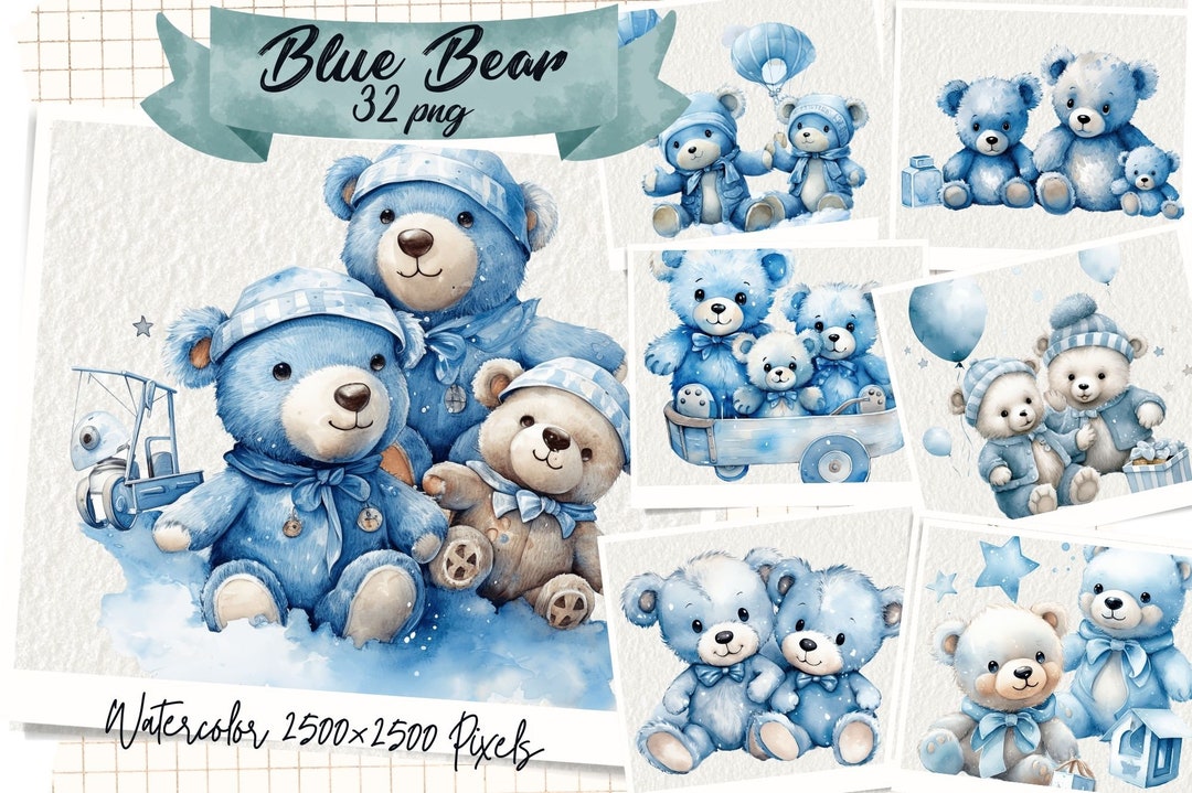 Blue Teddy Bear Watercolor Clipart, Teddy Bears, for a Boy, Baby Shower ...