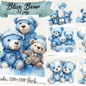 Blue Teddy Bear Watercolor ClipArt, Teddy Bears, for a boy, baby shower, commercial use, Blue Balloons, digital download, baby boy