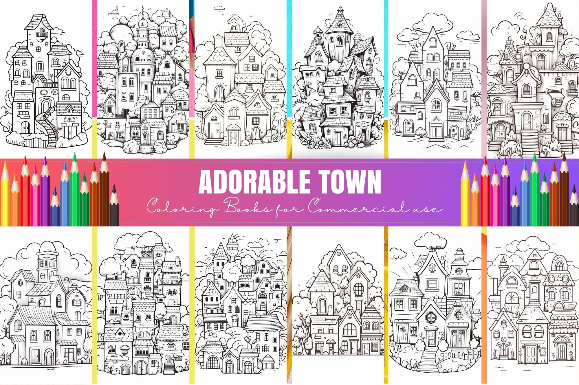 Adorable Town Coloring Pages Tiny Towns Buildings - Etsy