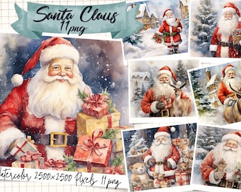 Merry Christmas Greetings, Santa Claus Digital Watercolor Clipart, Christmas, Winter, Gifts, Christmas Tree, Holiday, Vintage Clipart