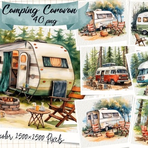Camping Caravan Watercolor Clipart, Van Life Campers Clipart, Cute Caravan Camping Travel Illustrations Digital Clip Art, Vacation Clipart