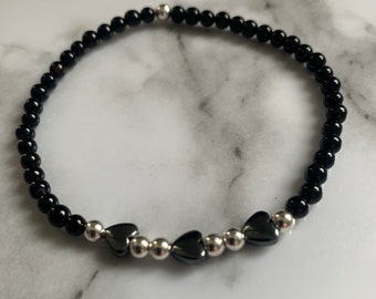 Sterling silver, Black Onyx and Natural Black Hematite stretch bracelet 19cm