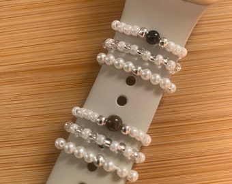 Pearl and Gemstone Apple Watch Band Charms, Silver Accents (38-40mm)